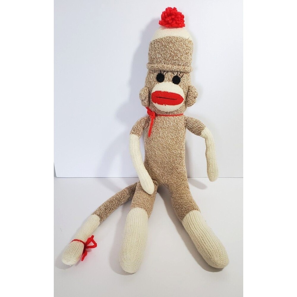 Vintage Sock Monkey Plush Toy Tan  23 Inches Red Yarn Bow and Cap
